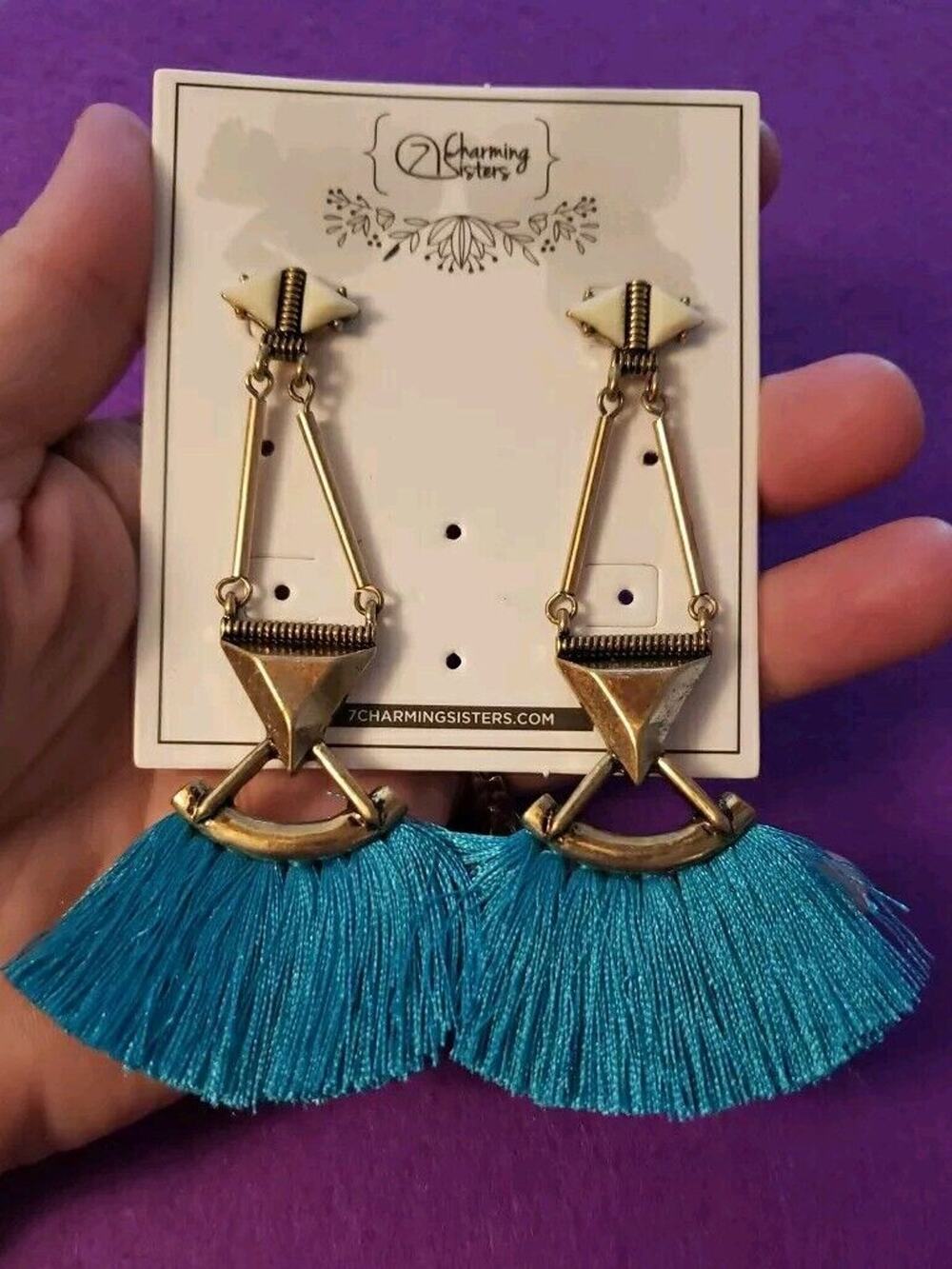 Long Dangle Bright Blue Tassel Chandelier Style Earrings Brass Tone Pierced New